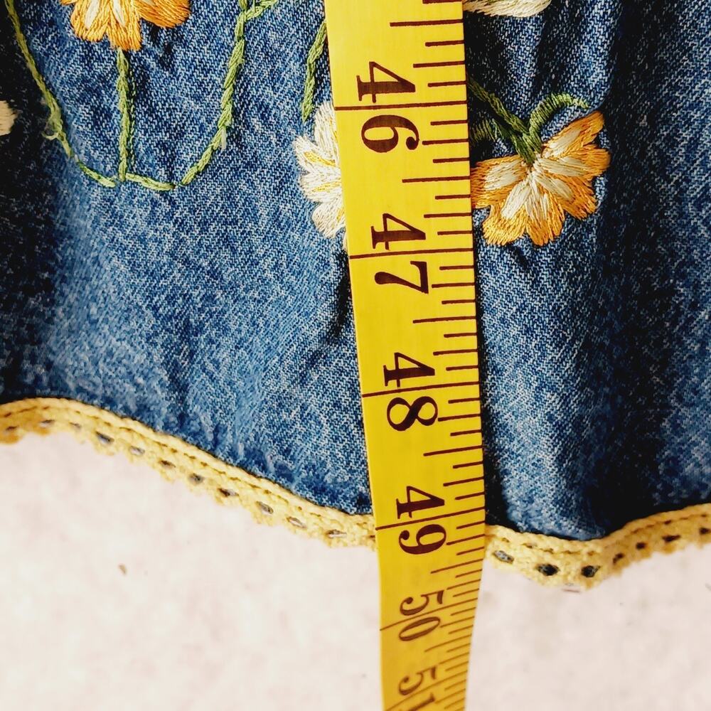 Dress Maxi Denim Embroidered Flowers Blue Yellow Shaver Lake Side Slits Size M - Picture 4 of 6